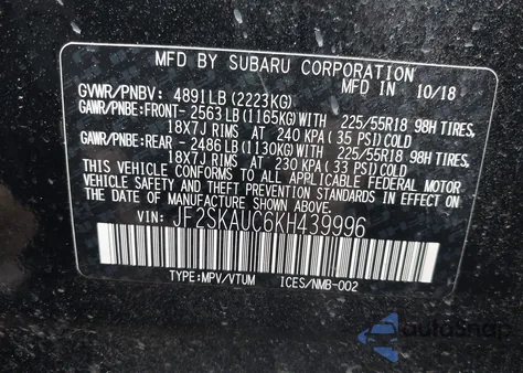 2019 Subaru Forester Limited z USA, uszkodzony, nr VIN JF2SKAUC6KH439996